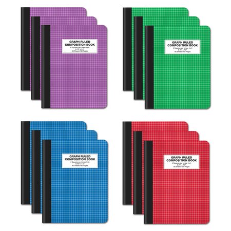 Quad Ruled Comp Book Notebook, 4x4 Graph Ruled Paper, 80 Sheets, 9.75in. x 7.5in. Black Cover, 12PK -  BETTER OFFICE PRODUCTS, 25612